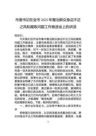 市委书记在全市2025年整治群众身边不正之风和腐败问题工作推进会上的讲话