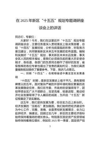 在2025年新区“十五五”规划专题调研座谈会上的讲话