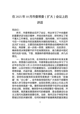 在2025年10月市委常委（扩大）会议上的讲话