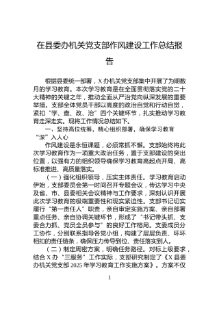 在县委办机关党支部作风建设工作总结报告