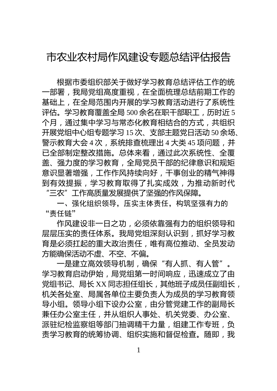 市农业农村局作风建设专题总结评估报告_第1页