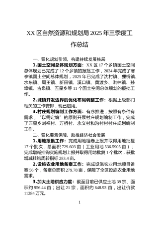 XX区自然资源和规划局2025年三季度工作总结