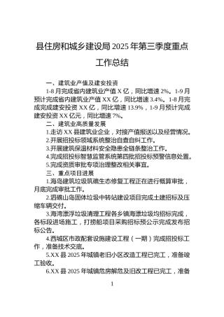 县住房和城乡建设局2025年第三季度重点工作总结