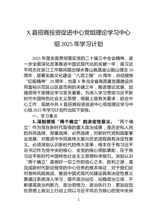 X县招商投资促进中心党组理论学习中心组2025年学习计划