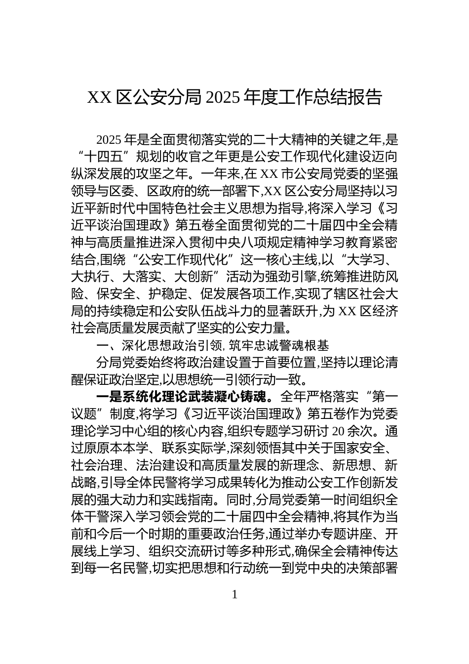 XX区公安分局2025年度工作总结报告_第1页