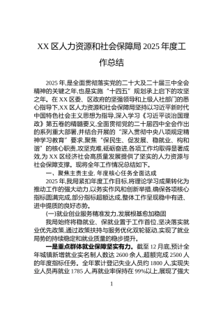 XX区人力资源和社会保障局2025年度工作总结