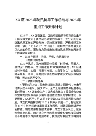 XX区2025年防汛抗旱工作总结与2026年重点工作安排计划