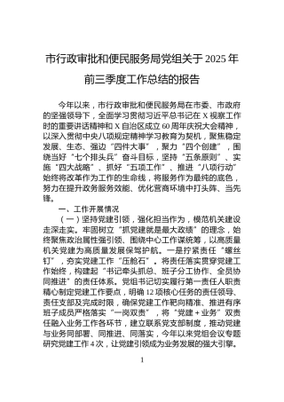 市行政审批和便民服务局党组关于2025年前三季度工作总结的报告