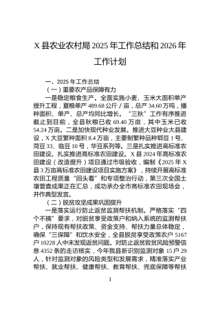 X县农业农村局2025年工作总结和2026年工作计划