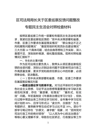 区司法局局长关于区委巡察反馈问题整改专题民主生活会对照检查材料
