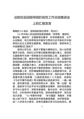 法院在巡回指导组阶段性工作总结推进会上的汇报发言