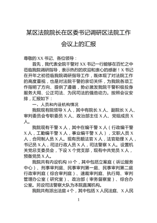 某区法院院长在区委书记调研区法院工作会议上的汇报