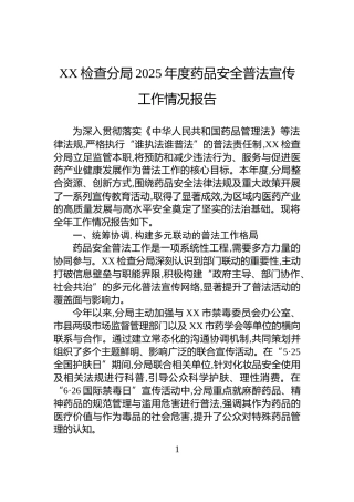 XX检查分局2025年度药品安全普法宣传工作情况报告