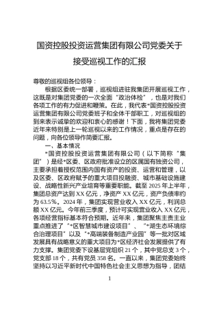 国资控股投资运营集团有限公司党委关于接受巡视工作的汇报