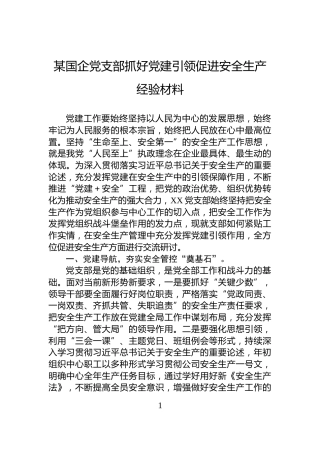 某国企党支部抓好党建引领促进安全生产经验材料