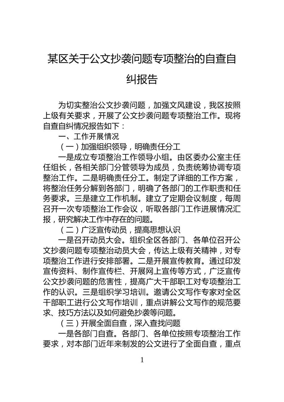 某区关于公文抄袭问题专项整治的自查自纠报告_第1页