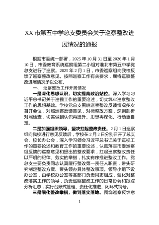 XX市第五中学总支委员会关于巡察整改进展情况的通报