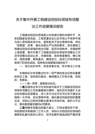 关于集中开展工程建设招投标领域专项整治工作进展情况报告