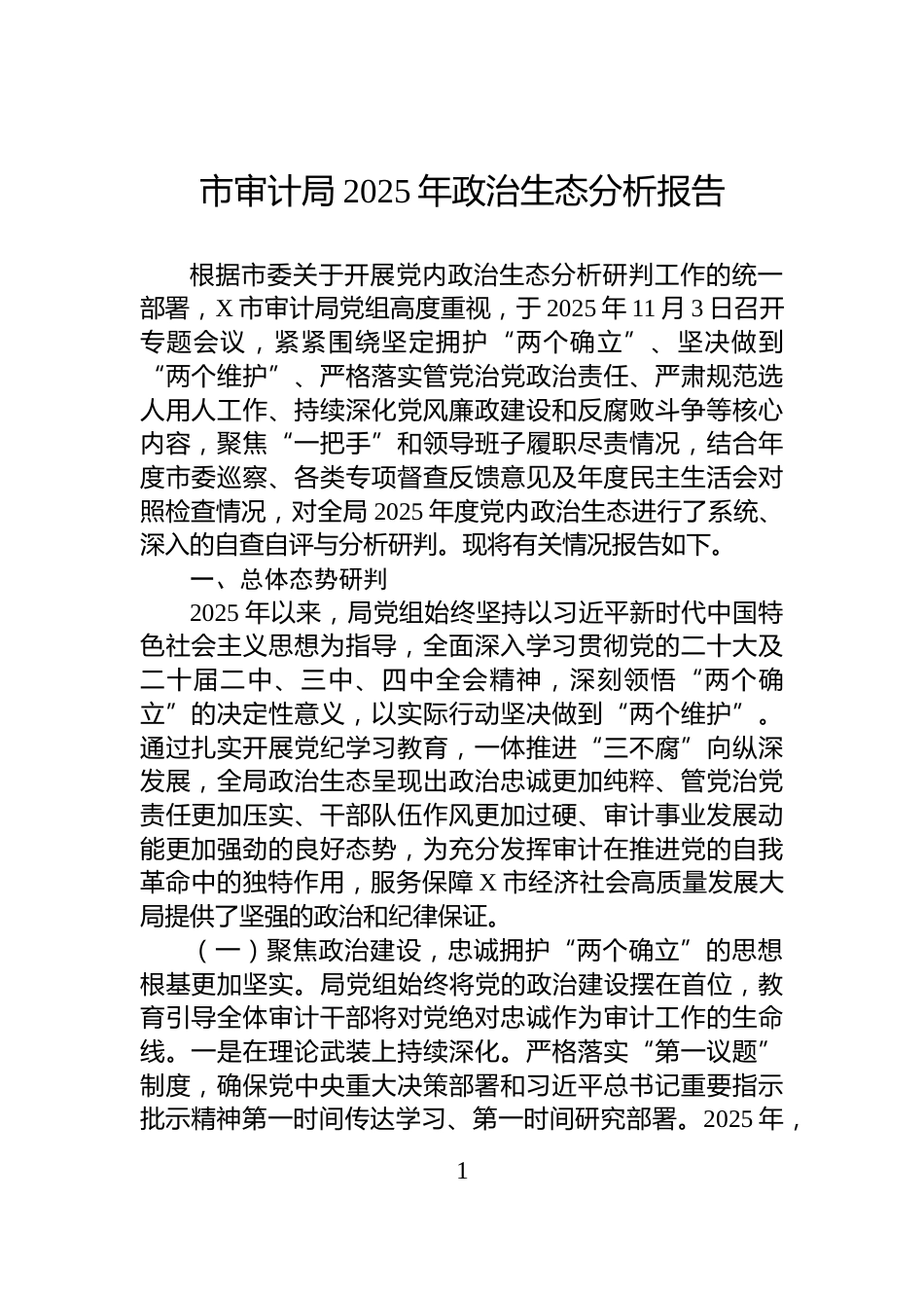市审计局2025年政治生态分析报告_第1页