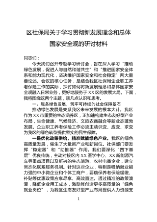 区社保局关于学习贯彻新发展理念和总体国家安全观的研讨材料