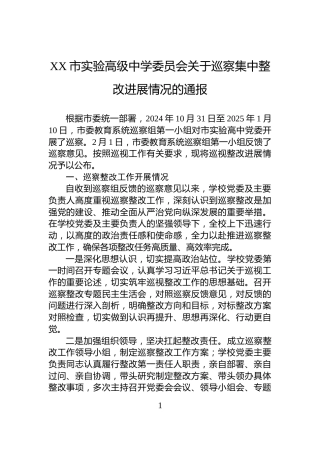 XX市实验高级中学委员会关于巡察集中整改进展情况的通报