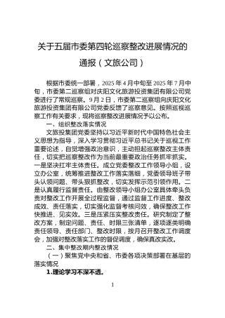 关于五届市委第四轮巡察整改进展情况的通报（文旅公司）