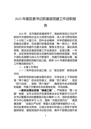 2025年度区委书记抓基层党建工作述职报告