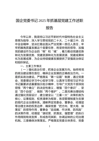 国企党委书记2025年抓基层党建工作述职报告