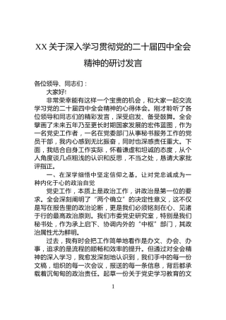 XX关于深入学习贯彻党的二十届四中全会精神的研讨发言
