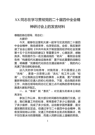 XX同志在学习贯彻党的二十届四中全会精神研讨会上的发言材料