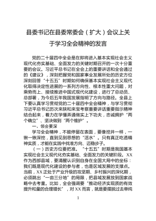 县委书记在县委常委会（扩大）会议上关于学习全会精神的发言