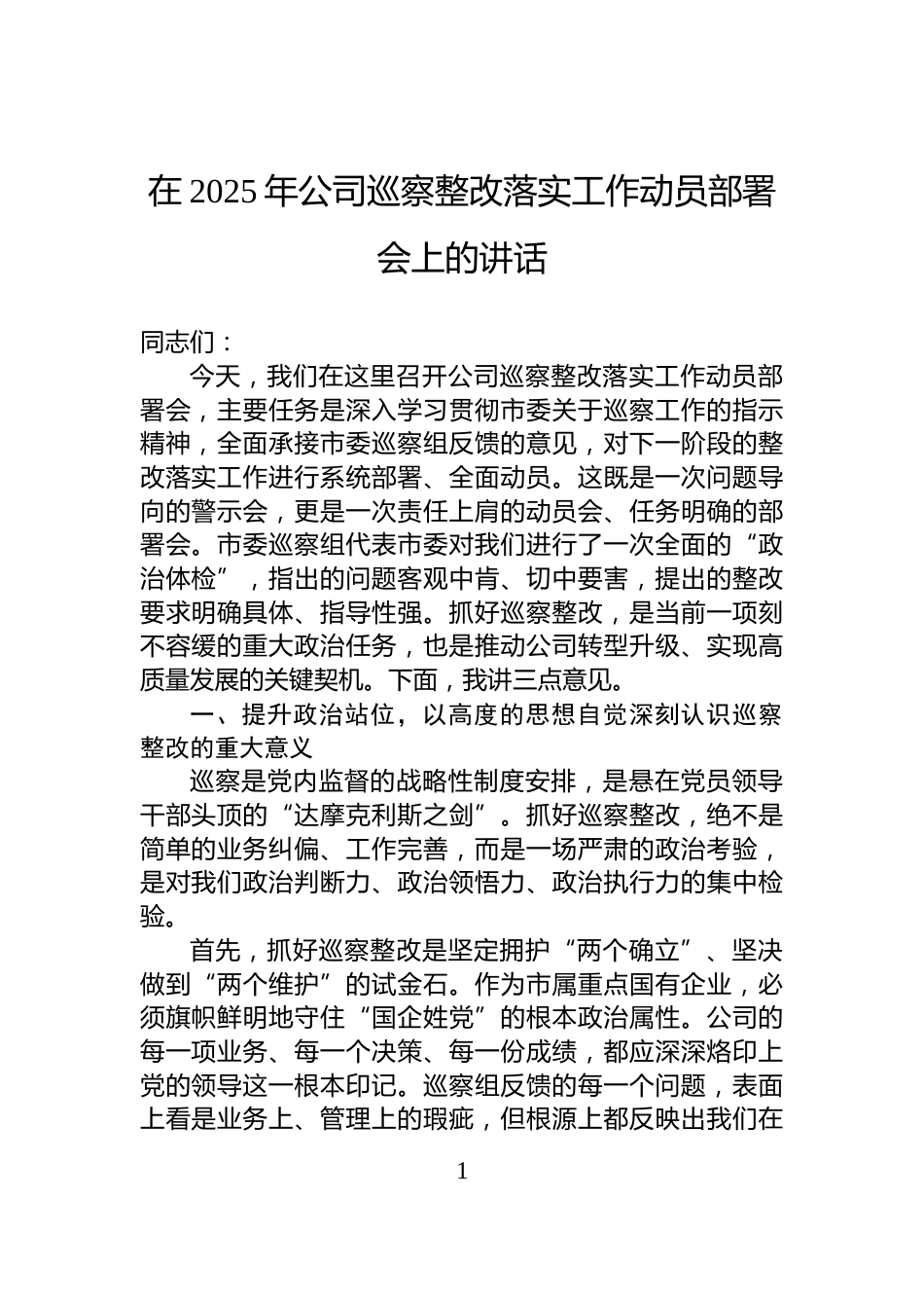 在2025年公司巡察整改落实工作动员部署会上的讲话_第1页