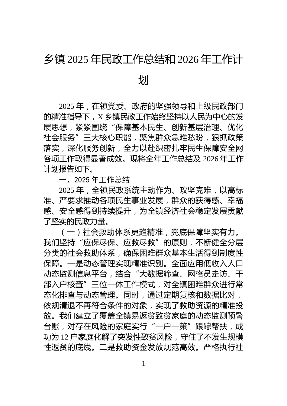乡镇2025年民政工作总结和2026年工作计划_第1页