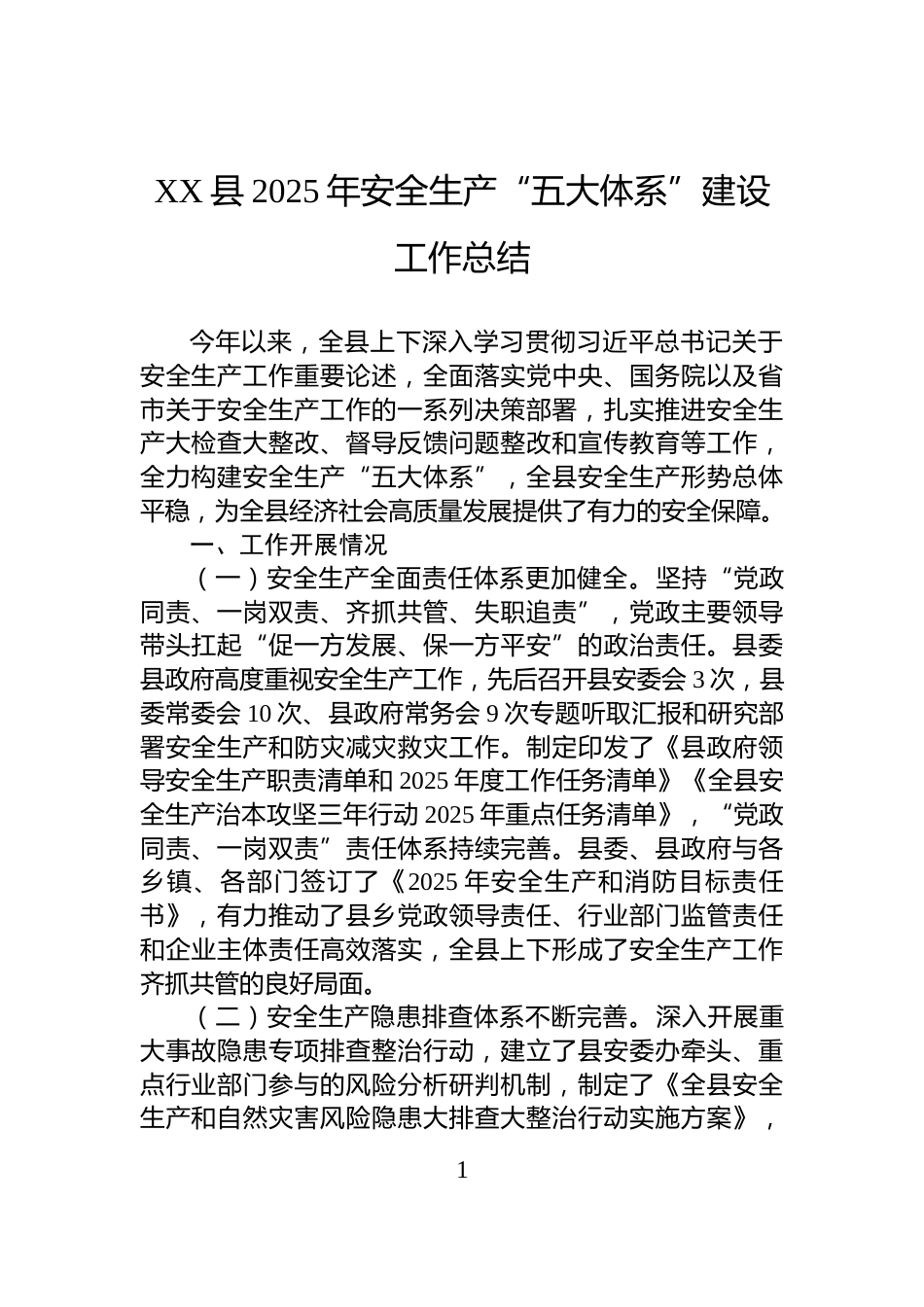 XX县2025年安全生产“五大体系”建设工作总结_第1页