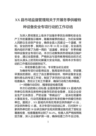 XX县市场监督管理局关于开展冬季供暖特种设备安全专项行动的工作总结