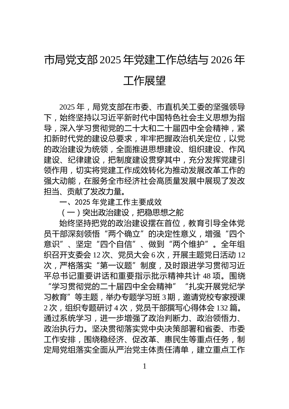 市局党支部2025年党建工作总结与2026年工作展望_第1页