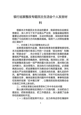 银行巡察整改专题民主生活会个人发言材料