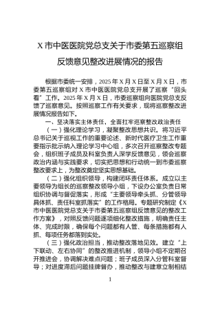 X市中医医院党总支关于市委第五巡察组反馈意见整改进展情况的报告
