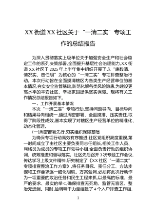 XX街道XX社区关于“一清二实”专项工作的总结报告