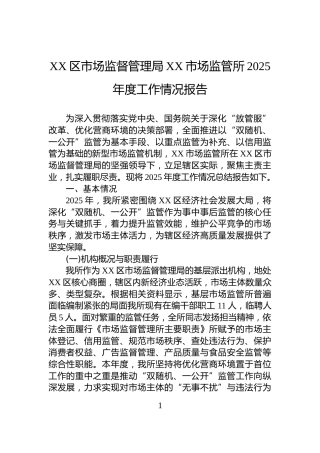 XX区市场监督管理局XX市场监管所2025年度工作情况报告