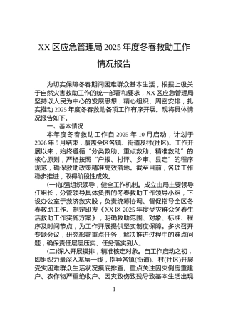 XX区应急管理局2025年度冬春救助工作情况报告