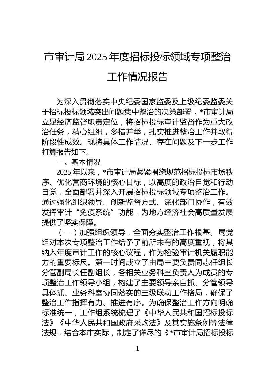 市审计局2025年度招标投标领域专项整治工作情况报告_第1页
