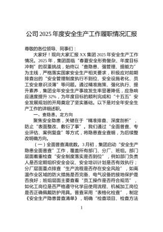 公司2025年度安全生产工作履职情况汇报