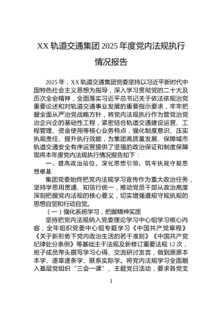 XX轨道交通集团2025年度党内法规执行情况报告