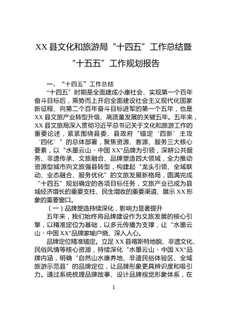 XX县文化和旅游局“十四五”工作总结暨“十五五”工作规划报告